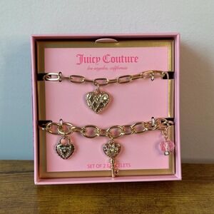 New Juicy Couture Gold 2 Pck Heart Lock Key Pink Purple Bracelet Set Jewelry